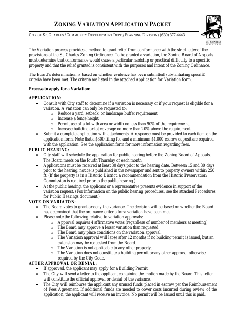 First page of the Zoning Variation Application Packet