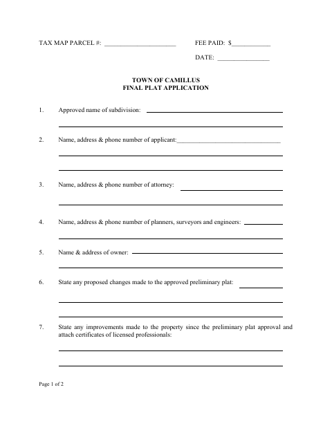 First page of the Final Plat Application