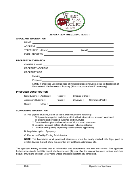 First page of the Application for Zoning Permit