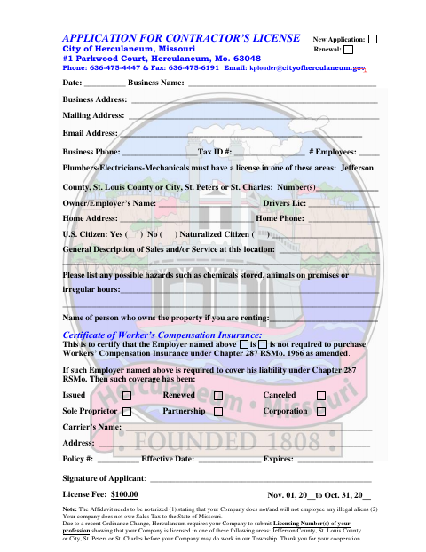 First page of the Contractor License Application