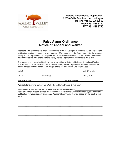 First page of the False Alarm Ordinance Notice of Appeal and Waiver