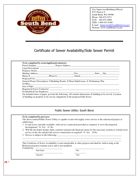 First page of the Certificate of Sewer Availability / Side Sewer Permit