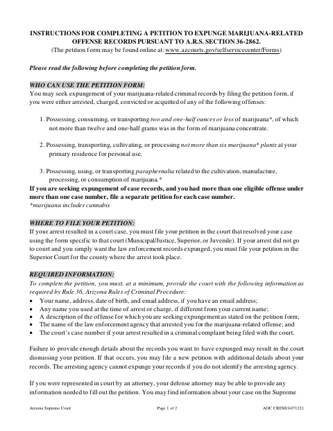 First page of the Petition to Expunge Marijuana-Related Offense Records