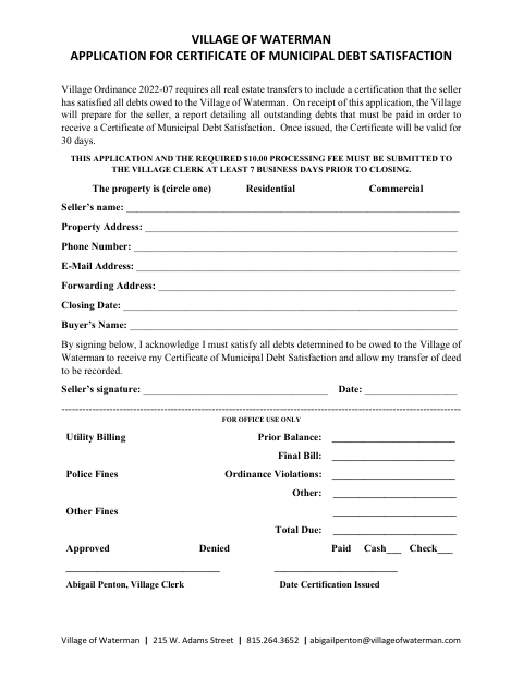 First page of the Application for Certificate of Municipal Debt Satisfaction