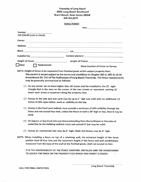 First page of the Fence Permit