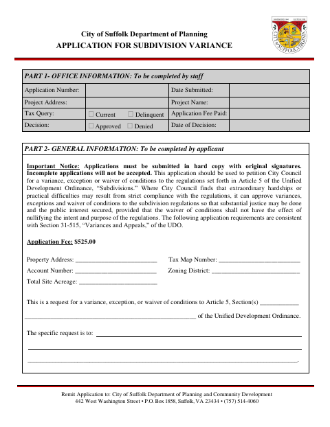 First page of the Application for Subdivision Variance