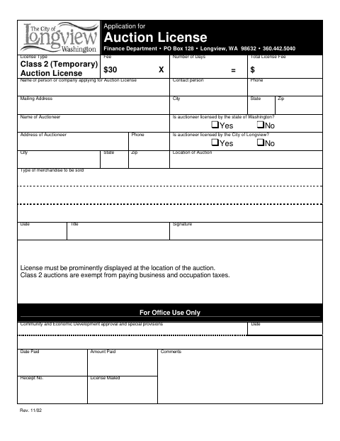 First page of the Application for Auction License