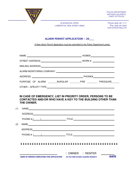First page of the Alarm Permit Application