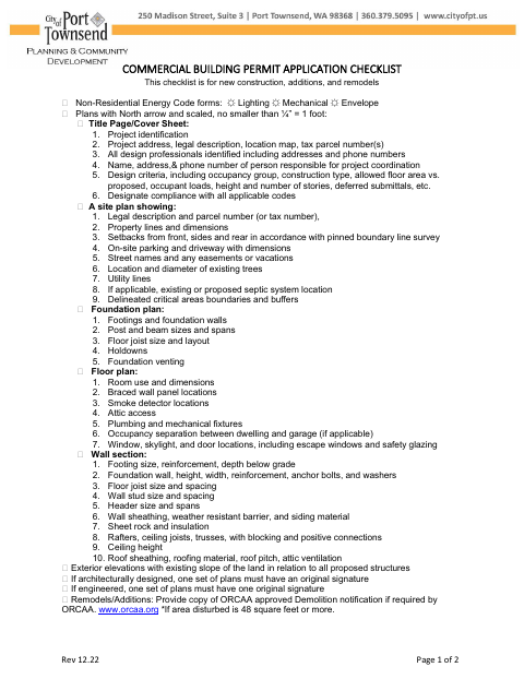 First page of the Commercial Building Permit Application Checklist