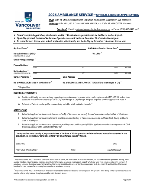 First page of the Ambulance Service Special License Application