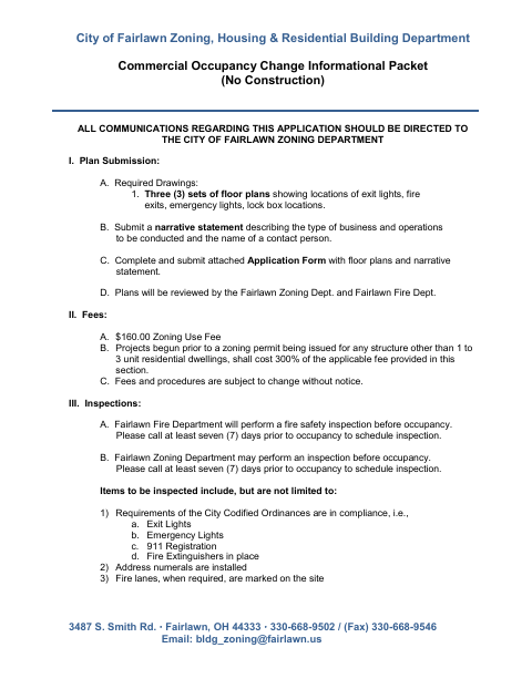 First page of the Commercial Occupancy Change Informational Packet (No Construction)