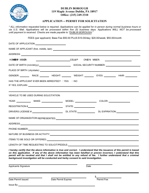 First page of the Application – Permit for Solicitation
