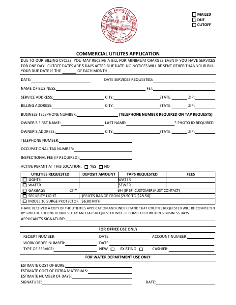 First page of the Commercial Utilities Application