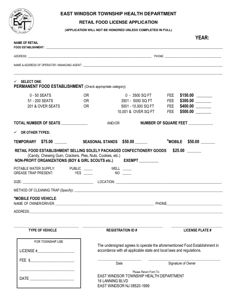 First page of the Retail Food License Application
