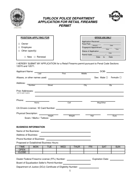 First page of the Application For Retail Firearms Permit