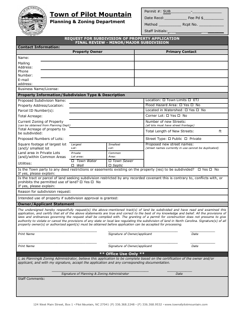 First page of the Request for Subdivision of Property Application Final Review – Minor/Major Subdivision