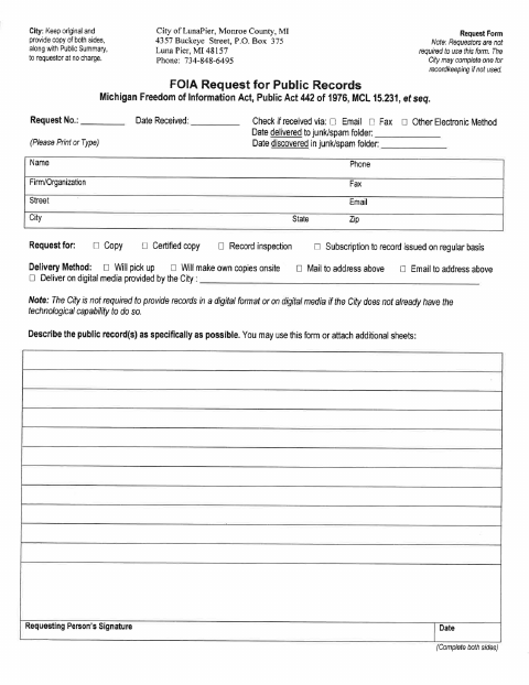 First page of the FOIA Request Form
