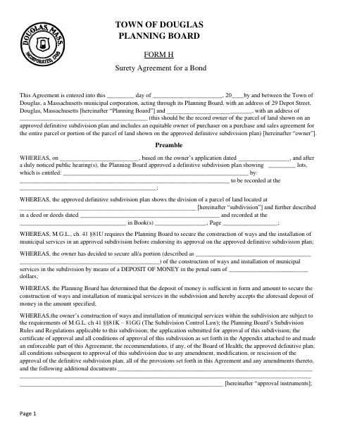 First page of the Subdivision Surety Agreement for a Bond
