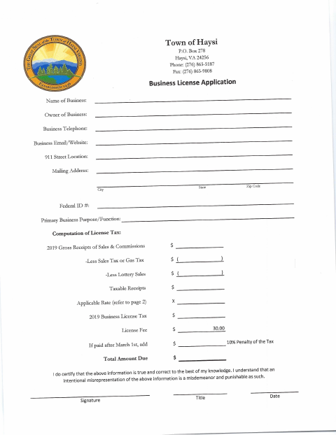 First page of the 2020 Business License Application (BPOL)