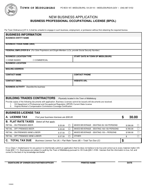 First page of the Business License New Business Application