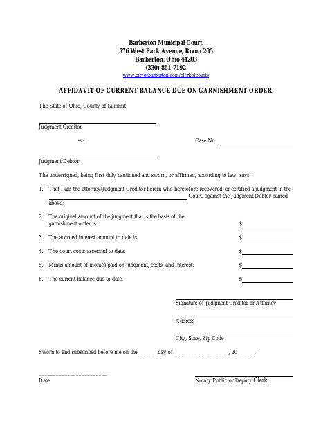 First page of the Affidavit of Current Balance Due on Garnishment Order