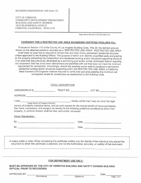 First page of the Covenant For A Restricted Use Area Regarding Certified Pool/Spa Fill