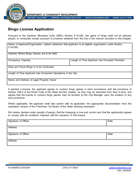 First page of the Bingo License Application