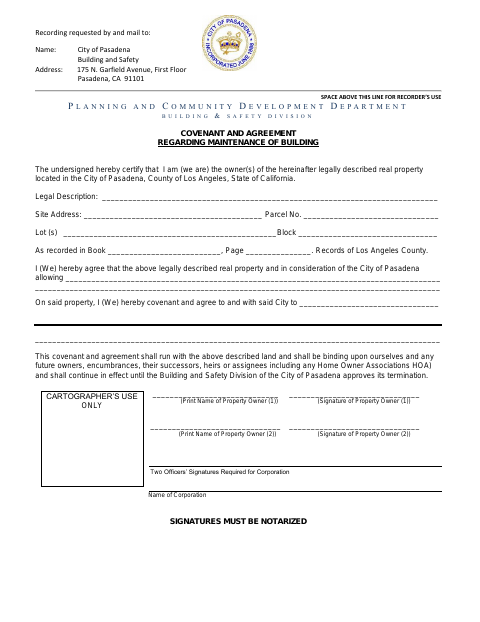 First page of the Covenant and Agreement Regarding Maintenance of Building