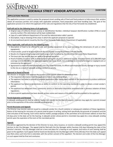 First page of the Sidewalk Street Vendor Application