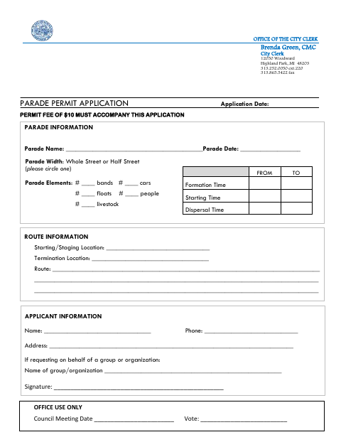 First page of the Parade Permit Application
