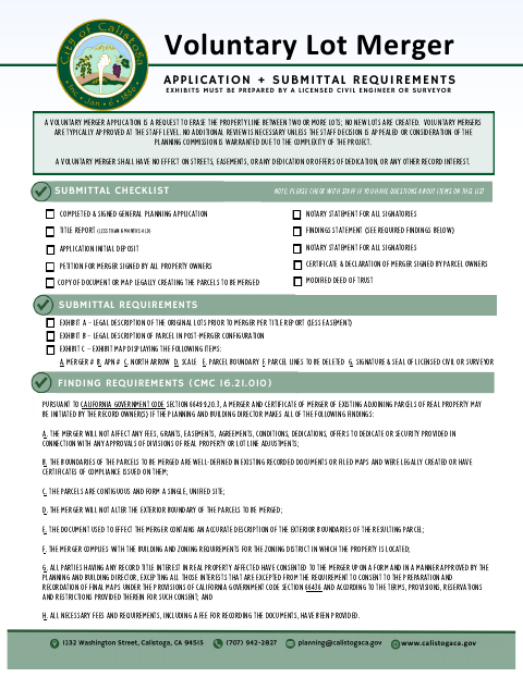 First page of the Voluntary Lot Merger Application