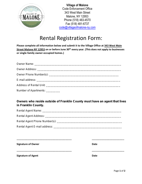 First page of the Rental Registration Form