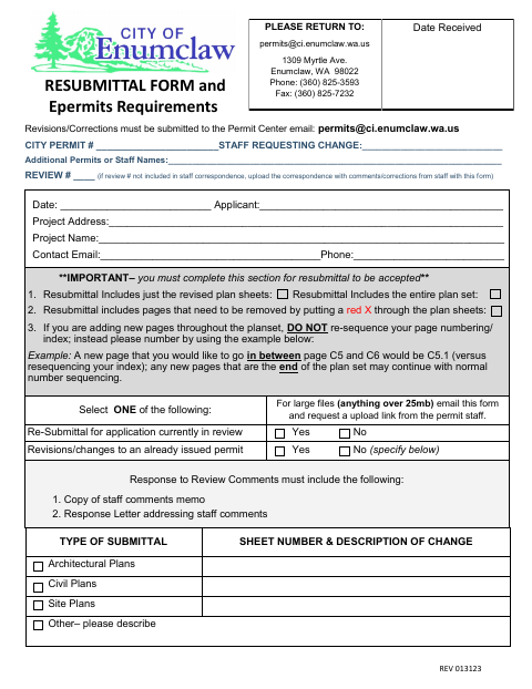 First page of the Resubmittal Form and EPermits Requirements