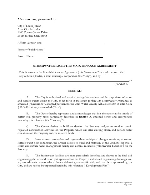 First page of the Stormwater Facilities Maintenance Agreement