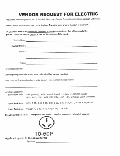 First page of the Vendor Request for Electric