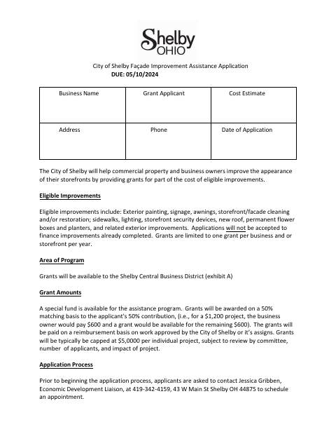 First page of the Façade Improvement Assistance Application