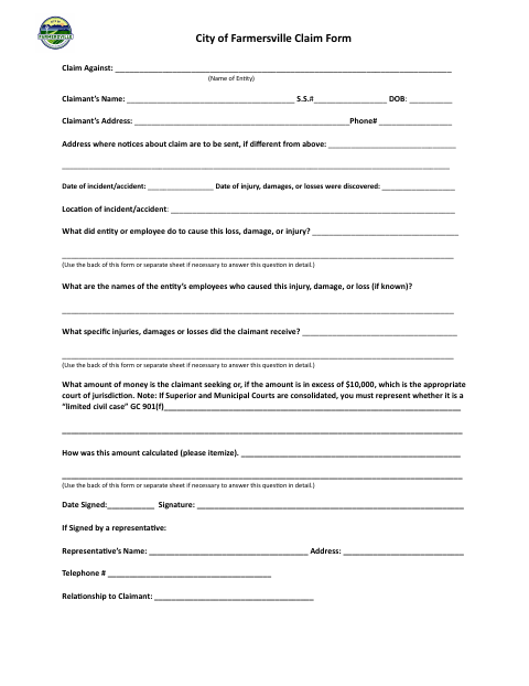 First page of the Claim Form