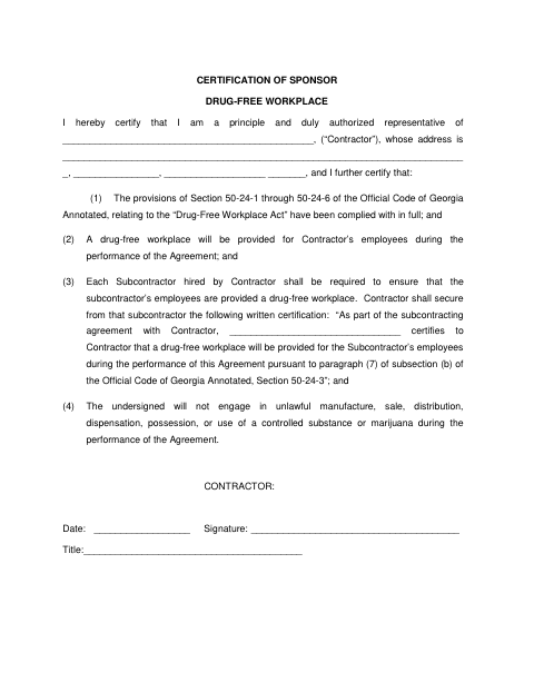 First page of the Certification of Sponsor Drug-Free Workplace