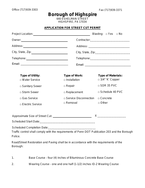 First page of the Application for Street Cut Permit