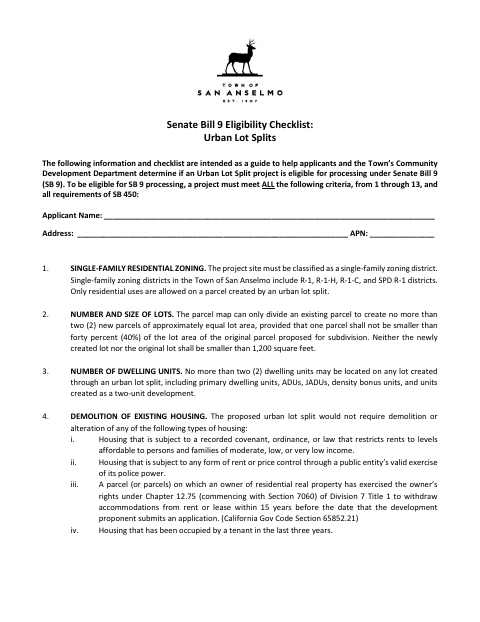 First page of the Senate Bill 9 Eligibility Checklist: Urban Lot Splits