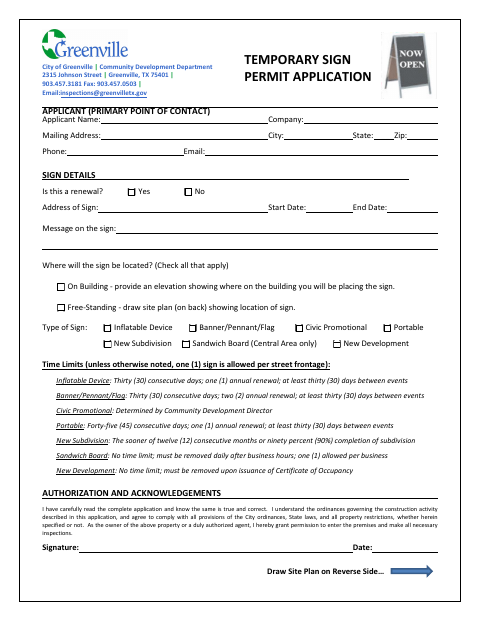 First page of the Temporary Sign Permit Application