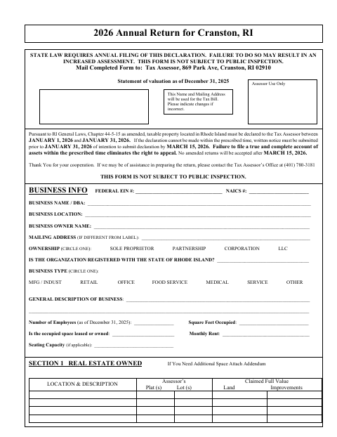 First page of the Annual Tangible Property Return