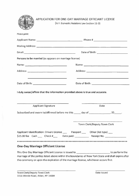 First page of the One Day Marriage Officiant License Application
