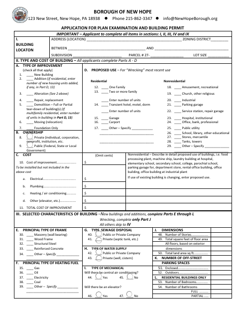 First page of the Application for Plan Examination and Building Permit