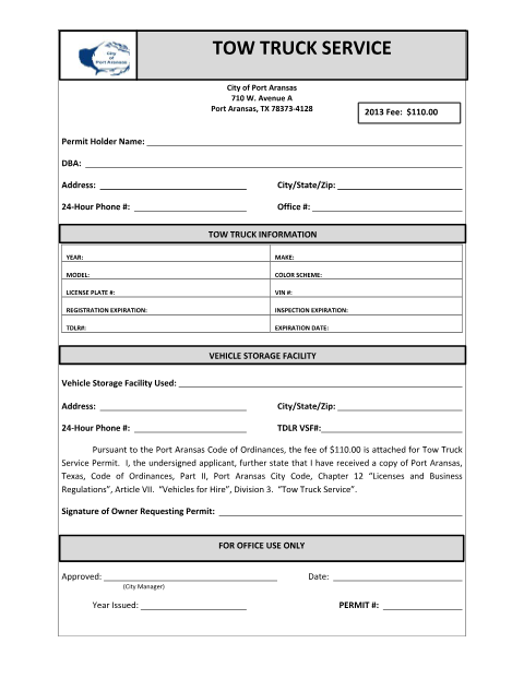 First page of the Tow Truck Service Permit Application