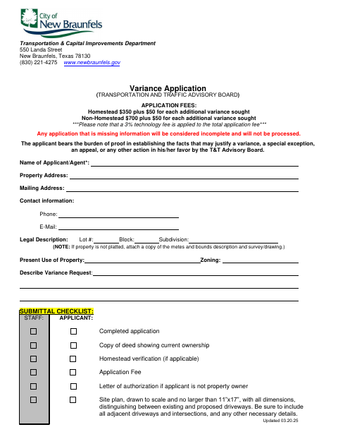 First page of the Transportation and Traffic Advisory Board Variance Application
