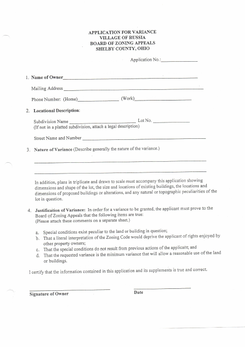 First page of the Variance Application