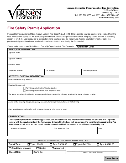 First page of the Fire Safety Permit Application