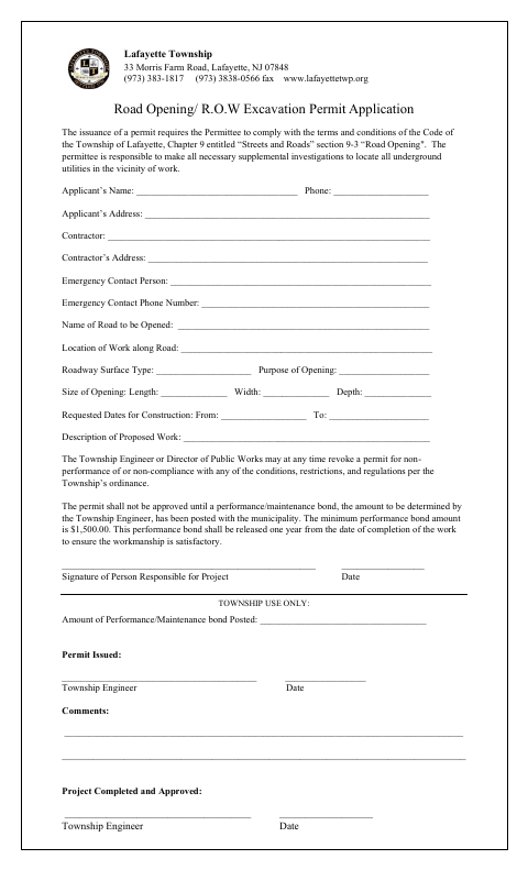First page of the Road Opening / R.O.W. Excavation Permit Application