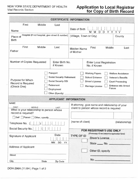 First page of the Birth Certificate Application